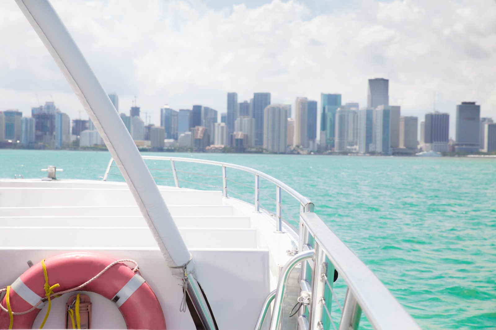 View for inside recreational boat with Miami skyline in the distance